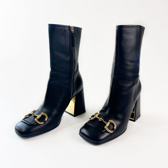 GUCCI Baby Bit Black Leather Boot Size 37.5 High Heel Bootie Square Toe Horsebit - Picture 1 of 13
